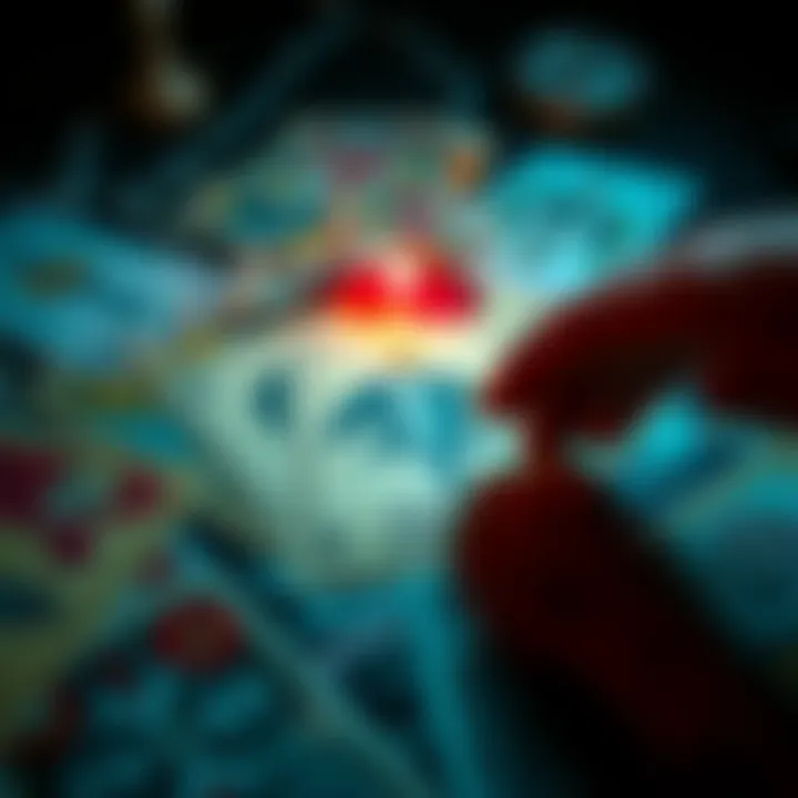 A close-up view of a Tarot card spread featuring the Ace of Swords prominently displayed, with a hand reaching towards the cards in a dimly lit setting.