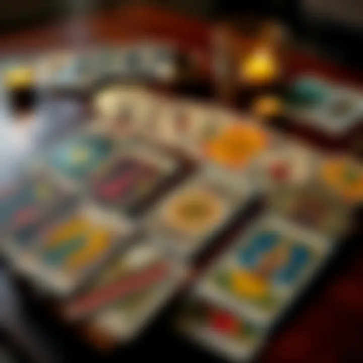 A spread of tarot cards on a wooden table, symbolizing insights about relationships and emotional connections.