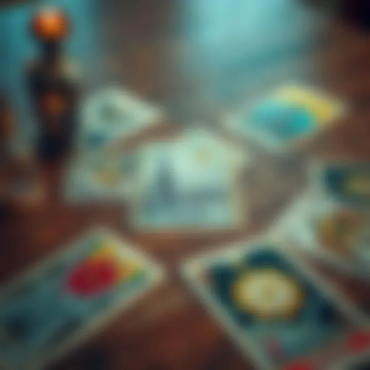 A set of tarot cards laid out on a wooden table, with the Tower card prominently displayed, reflecting on a personal reading.