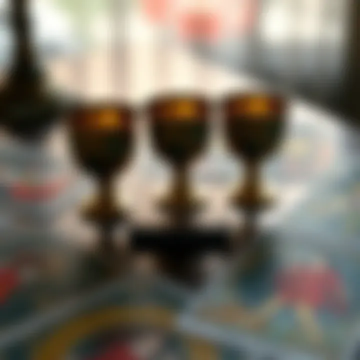 A spread of three tarot cups cards laid out on a table, symbolizing emotional healing and reflection on a past relationship.