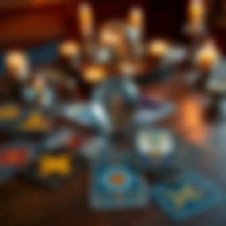 A spread of colorful tarot cards on a wooden table with a crystal ball and candles in the background