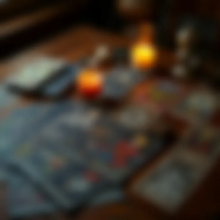 Tarot cards spread on a table A spread of tarot cards on a wooden table with a candle and crystals nearby