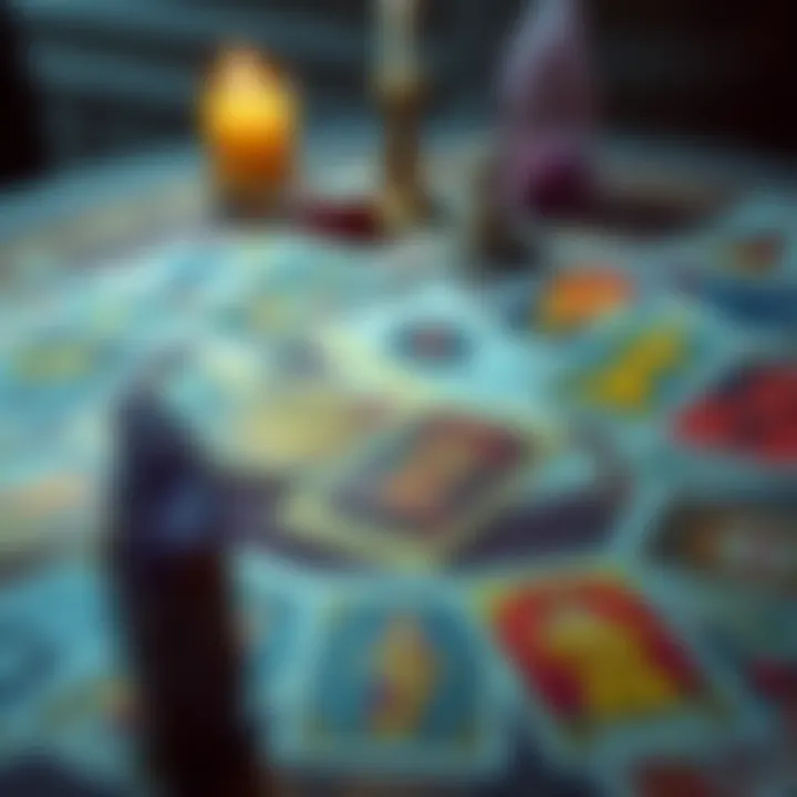 A spread of colorful tarot cards on a table, with a candle and crystal nearby, inviting people for a reading.