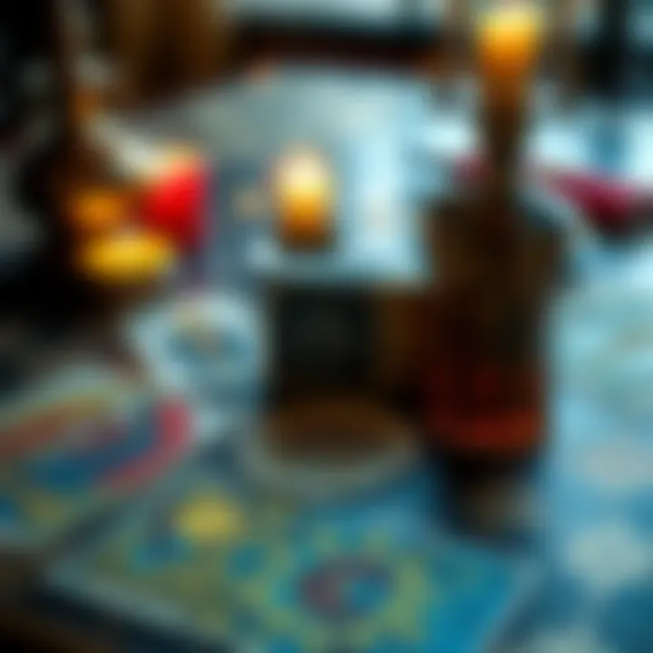 A spread of tarot cards featuring The Tower, Eight of Wands, and The Empress on a decorative table