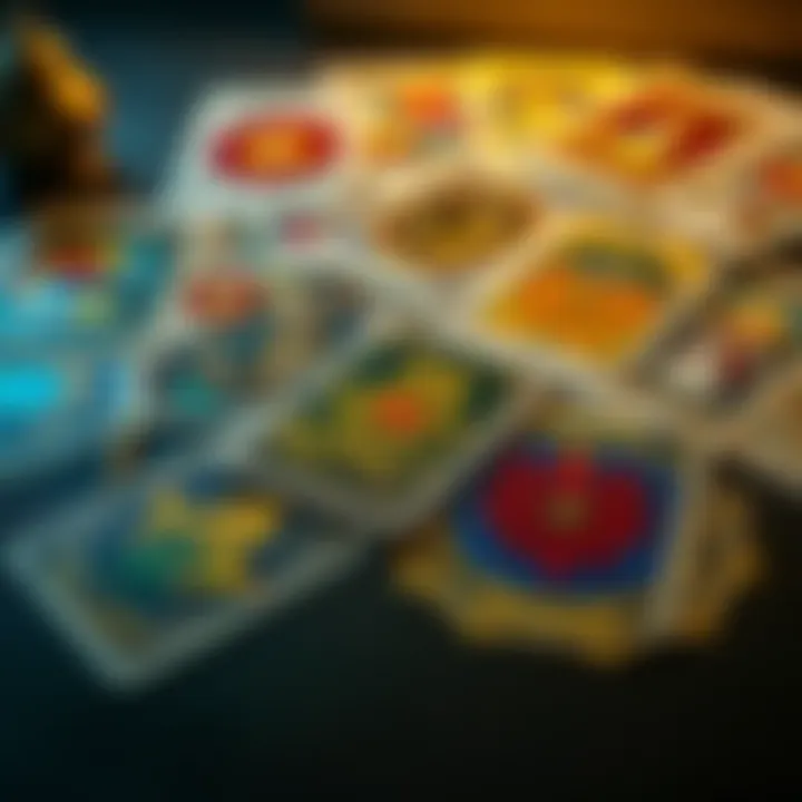 A set of tarot cards laid out on a table with one main card and one supporting card visible. The cards feature colorful illustrations with mystical symbols.