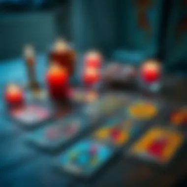 Tarot Cards Spread A spread of colorful tarot cards on a wooden table with candles and crystals in the background.