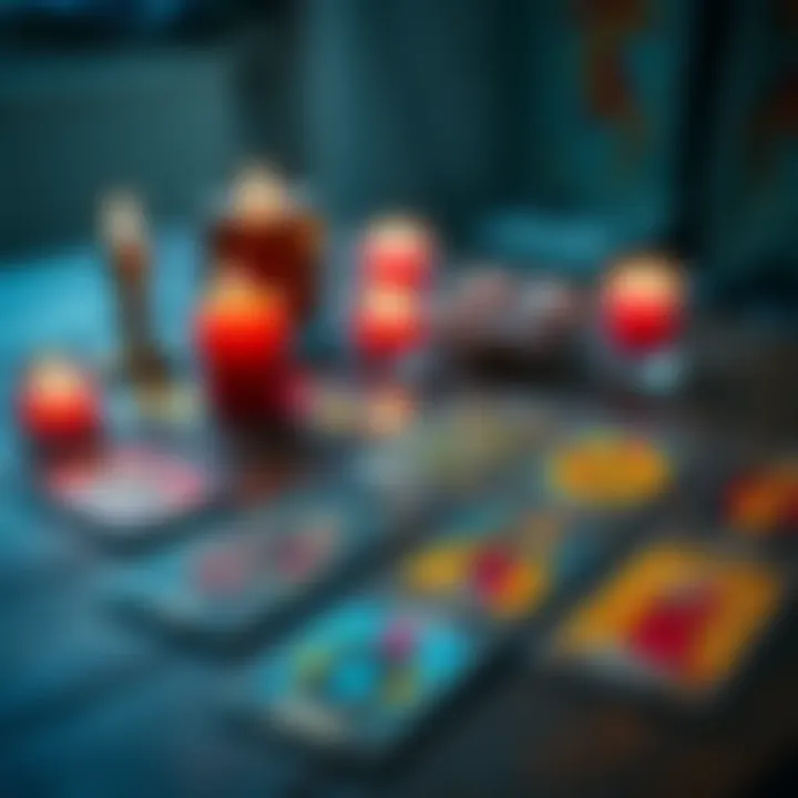 Tarot Cards Spread A spread of colorful tarot cards on a wooden table with candles and crystals in the background.