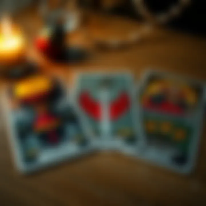A tarot card spread with The World Reversed, King of Swords, and Eight of Cups Reversed laid out on a table