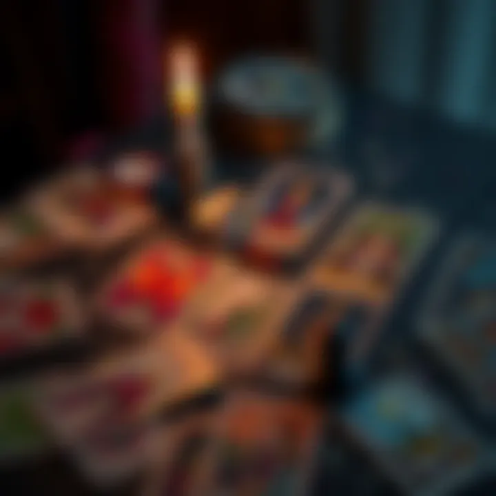 A colorful spread of tarot cards on a table with a lit candle, suggesting a search for answers about love and feelings.