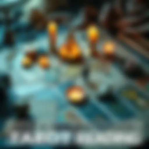 A spread of tarot cards on a table with candles and crystals for intuitive readings