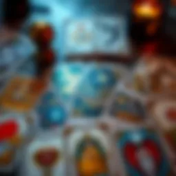 A close-up of tarot cards laid out on a table, with a focus on cards related to love and guidance.