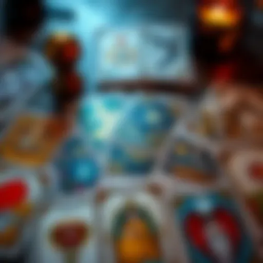 A close-up of tarot cards laid out on a table, with a focus on cards related to love and guidance.