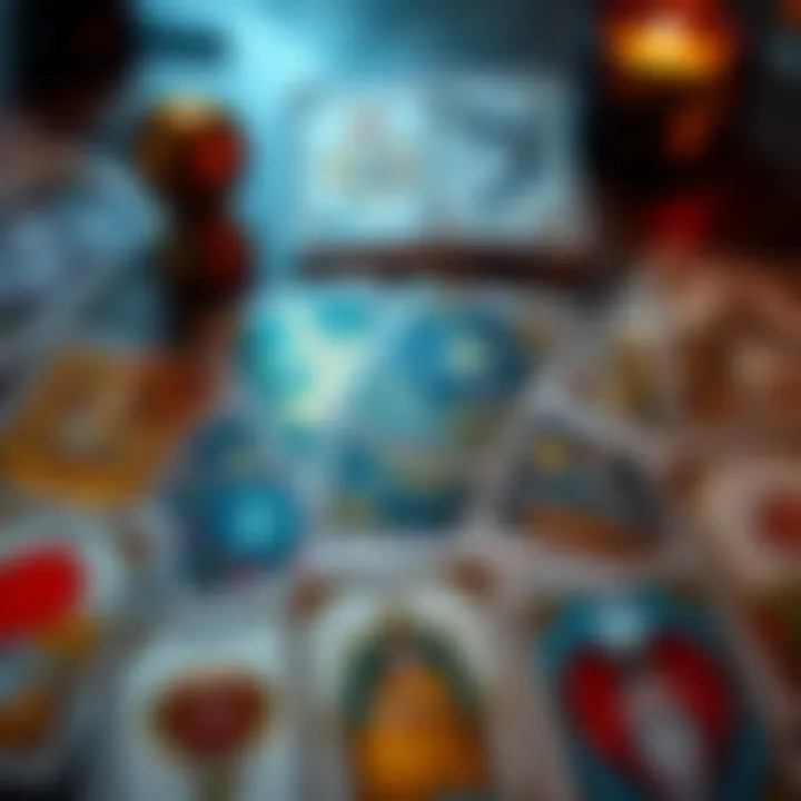 A close-up of tarot cards laid out on a table, with a focus on cards related to love and guidance.