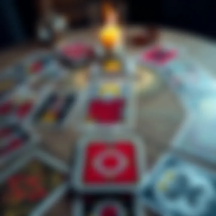 A table with tarot cards laid out, including the Death card prominently displayed, symbolizing change and reflection.