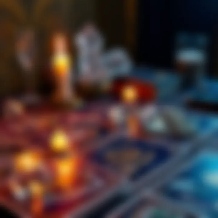 A spread of tarot cards on a table, with a lit candle and crystals nearby, symbolizing a tarot reading session.