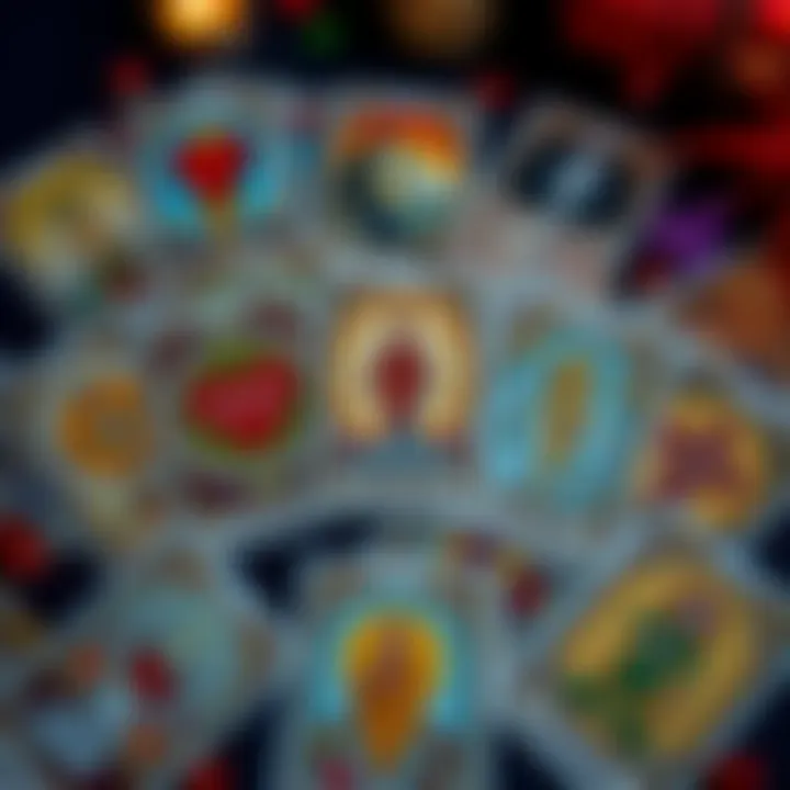 Tarot Cards Spread A colorful spread of tarot cards displaying symbols related to love, career, and relationships, inviting viewers to engage with tarot readings.