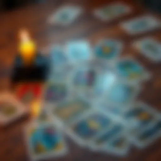 A spread of colorful tarot cards laid out on a wooden table with a lit candle beside them