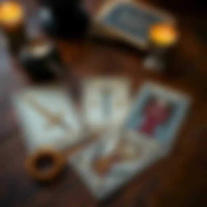 Tarot Cards Spread A spread of tarot cards featuring the Seven of Swords, Hanged Man, and Eight of Cups laid out on a wooden table, symbolizing self-discovery.