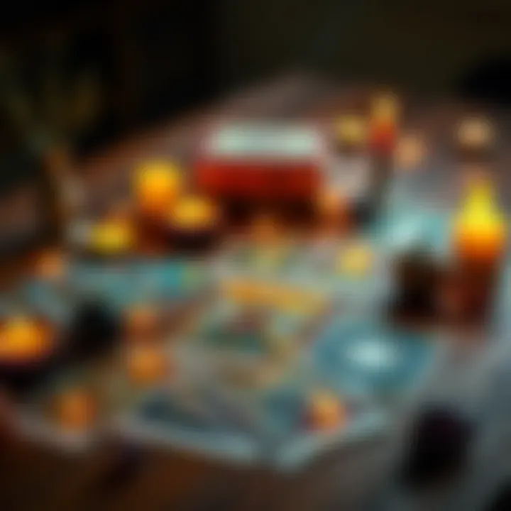 Tarot Cards Spread A colorful spread of tarot cards on a wooden table with candles and crystals around them