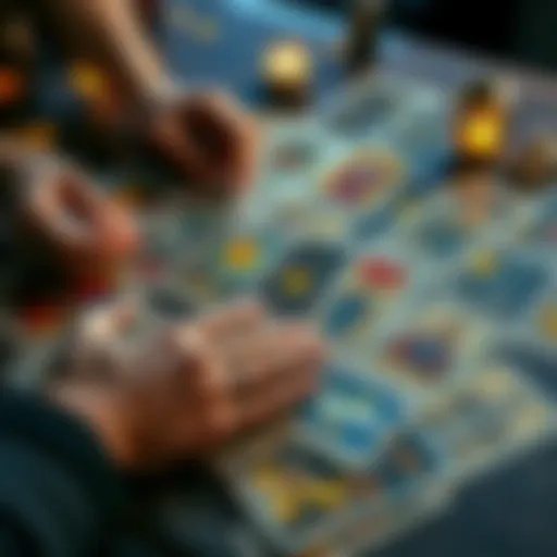 A spread of colorful tarot cards on a table with a person's hands preparing to choose one.