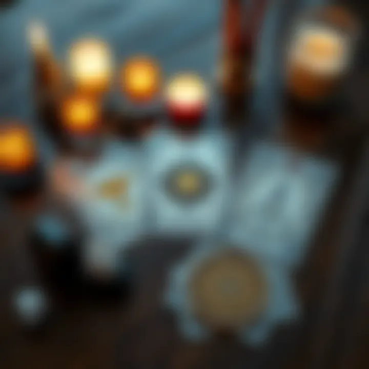 A spread of Three of Cups, Five of Coins, and Page of Swords tarot cards on a wooden table, with candles and crystals nearby.
