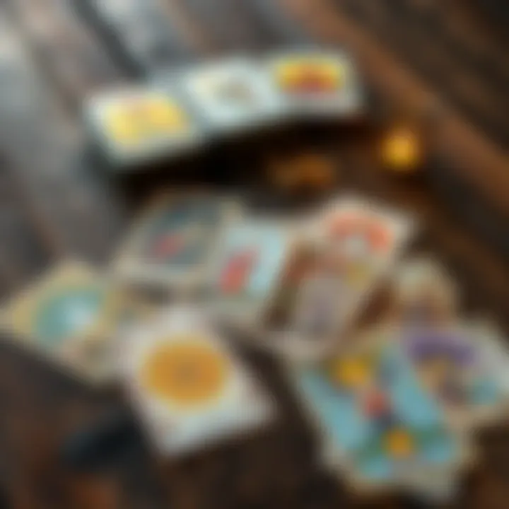 A selection of Tarot cards laid out on a rustic wooden surface, showcasing various colorful illustrations, symbolizing personal exploration and synchronicity.