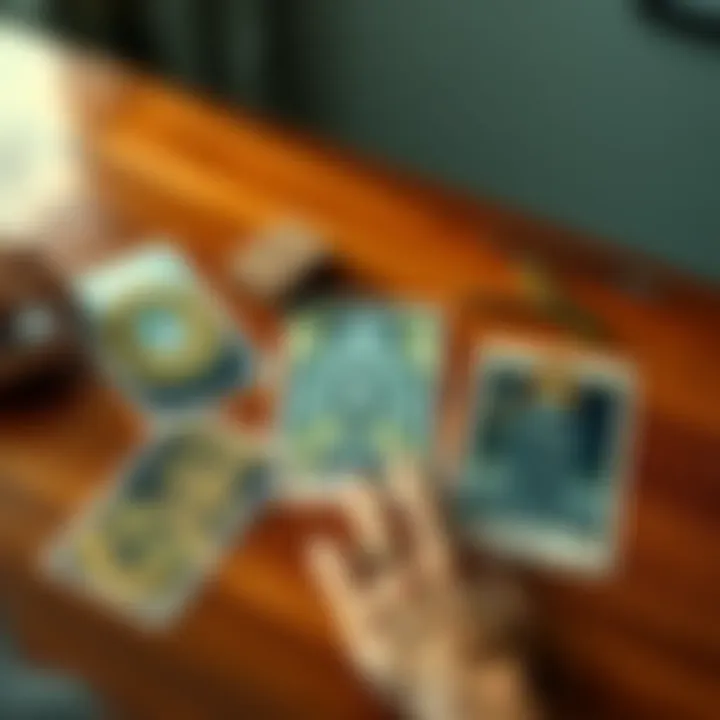 Tarot Cards Spread on a Table A spread of tarot cards including the 9 of Pentacles, 3 of Cups, and the Death card on a wooden table. A hand is reaching towards the cards, reflecting contemplation.