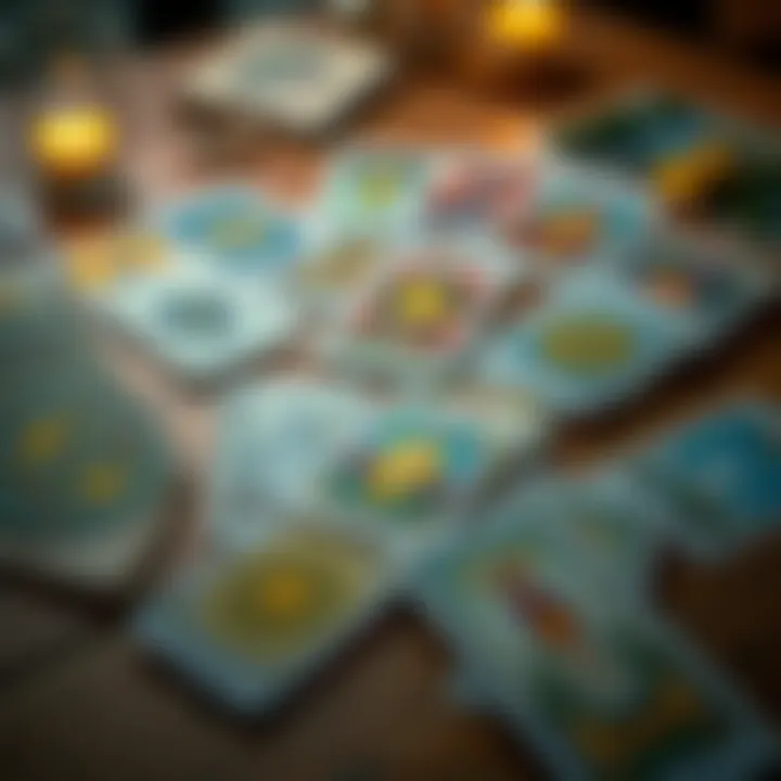 Tarot cards spread on a table A set of colorful tarot cards laid out on a wooden table, inviting people to engage and share their experiences