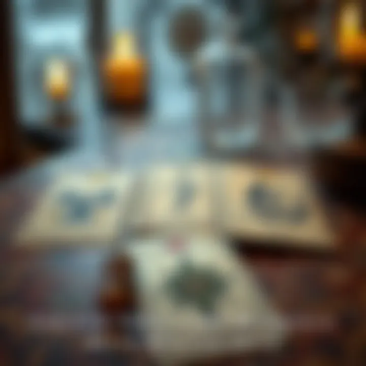 Tarot cards spread on a table A set of three tarot cards laid out on a table with mystical symbols, inviting viewers for a reading experience