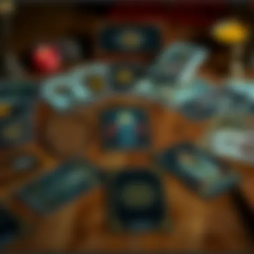 A collection of tarot cards laid out on a wooden table, showing some cards facing upward and others facing downward, symbolizing reversed meanings.