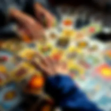 Tarot Cards Spread A colorful spread of tarot cards on a table with a personโs hands reaching for them