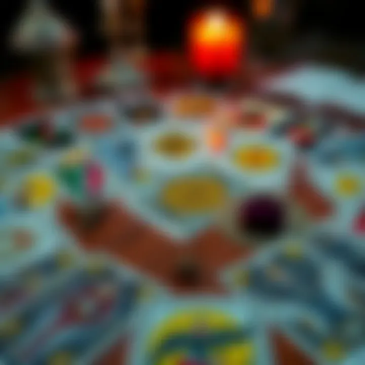 A close-up of tarot cards laid out on a wooden table, hinting at a tarot reading session