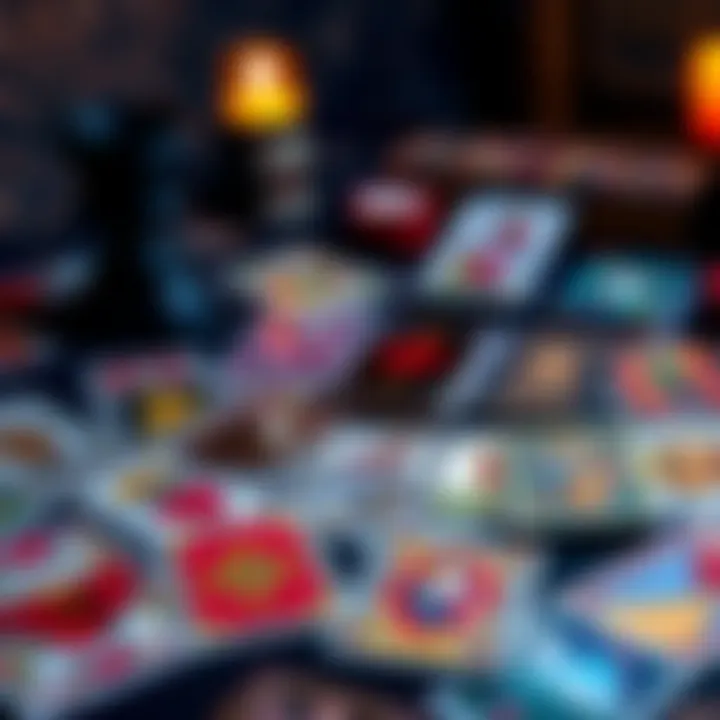 Tarot Cards Spread Out A spread of colorful tarot cards on a table, inviting viewers to participate in free readings about love and relationships.