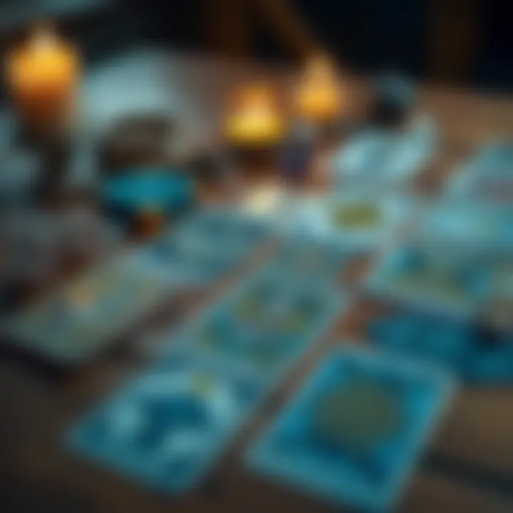 A selection of tarot cards arranged in a spread on a wooden table, with a candle and crystals nearby