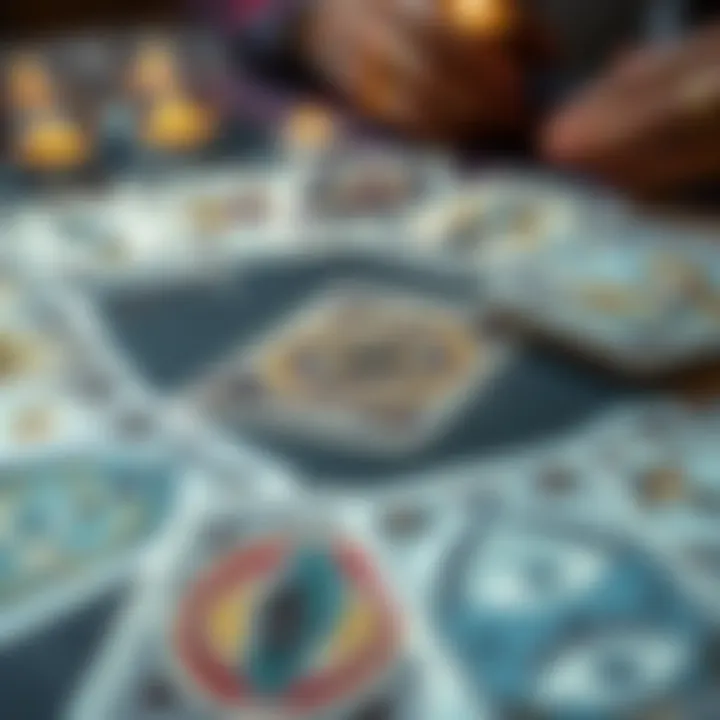 A close-up of tarot cards laid out on a table, inviting people to seek guidance through readings.