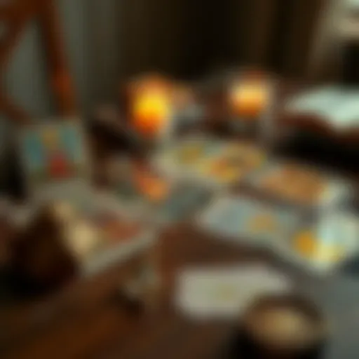 A spread of tarot cards on a wooden table, with a candle and a few crystals next to them. The scene conveys a sense of reflection and guidance in a personal situation.