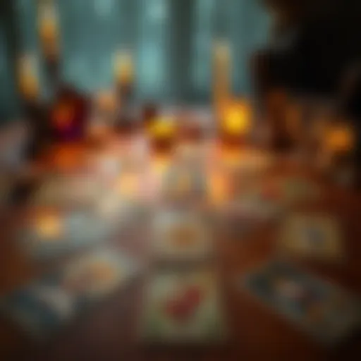 A spread of tarot cards on a wooden table with crystals and candles nearby, showing a mystical setting for tarot readings.