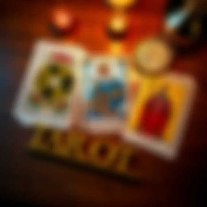 A spread of tarot cards including Wheel of Fortune, The Emperor, and The Hierophant reversed on a wooden table