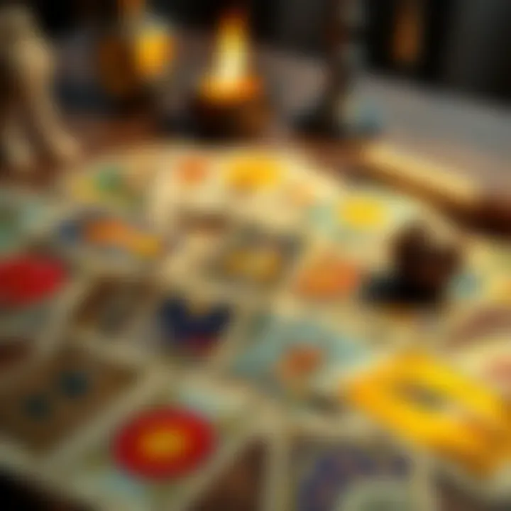 Tarot Cards Spread A spread of colorful tarot cards on a wooden table, inviting questions for readings.