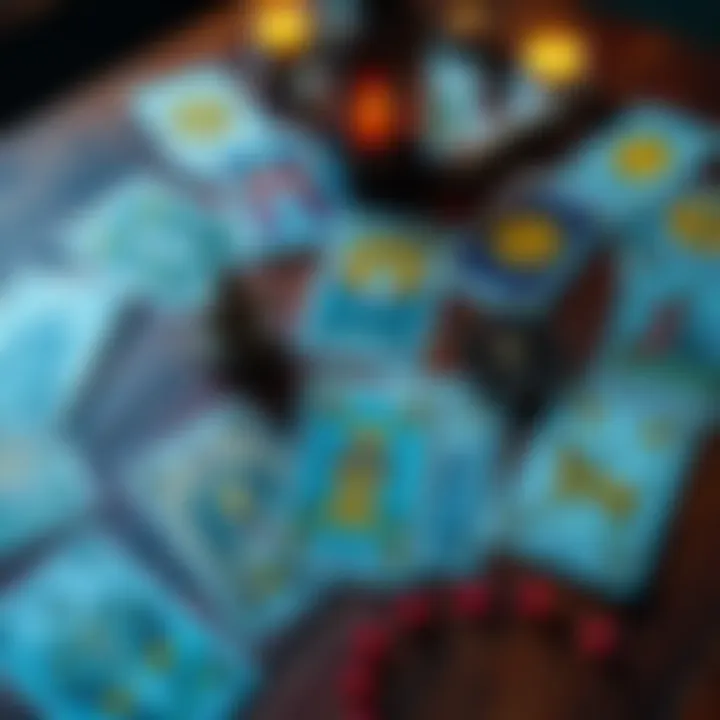Tarot cards spread on a table A colorful spread of tarot cards on a wooden table, inviting people to explore their emotional connections through readings.