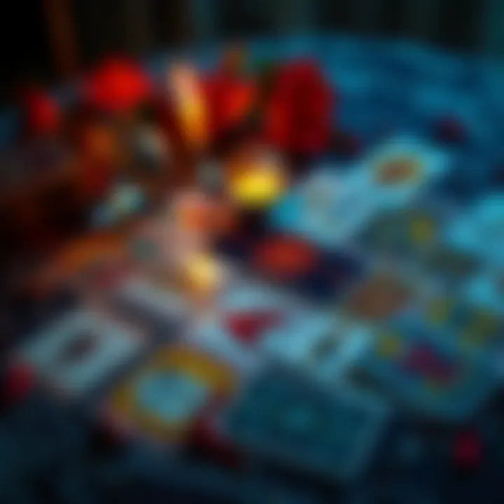 Tarot Cards Spread A spread of upright tarot cards on a table with a lit candle and a crystal ball nearby.