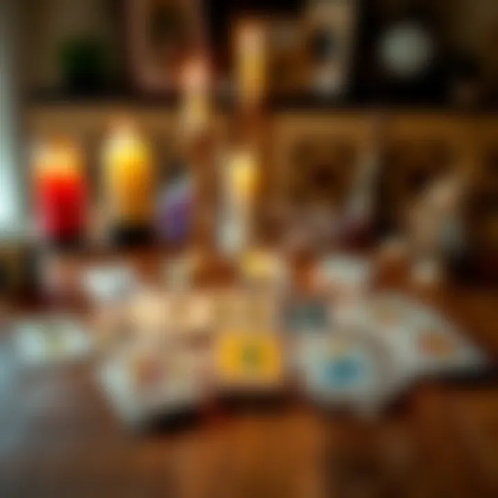 Tarot Cards Spread on a Table A spread of tarot cards laid out on a wooden table with candles and crystals for a reading session
