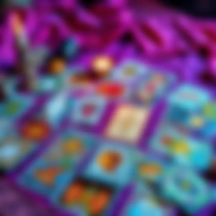 A colorful spread of tarot cards on a table, with a candle and crystals beside them, creating a mystical atmosphere.