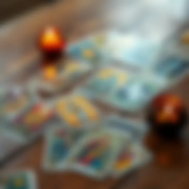 A set of colorful Tarot cards laid out on a wooden table, inviting people to ask a question.