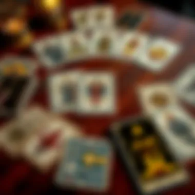 Tarot cards spread on a table A variety of tarot cards laid out on a wooden table, showcasing different designs and symbols