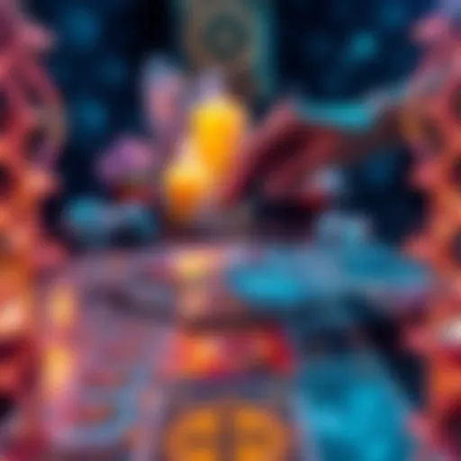 A spread of tarot cards on a table with a candle and crystals in the background. A hand reaches for a card, suggesting an ongoing tarot reading.