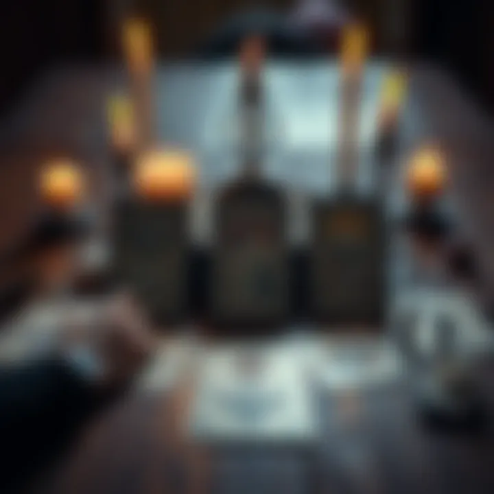 A spread of tarot cards featuring the 7 of Pentacles, King of Wands, and 10 of Swords on a wooden table, surrounded by candles and crystals.