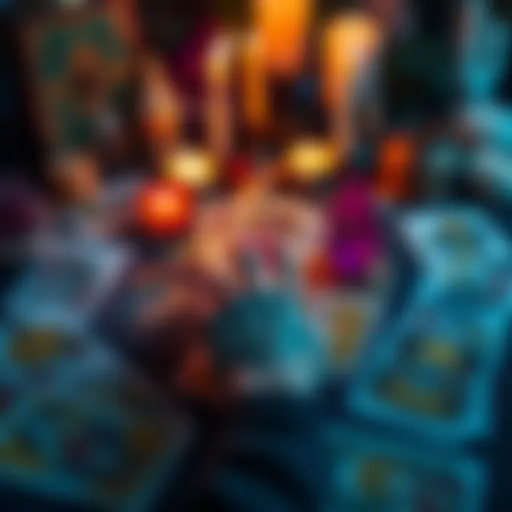 A colorful spread of tarot cards with a hand reaching for one, surrounded by candles and crystals