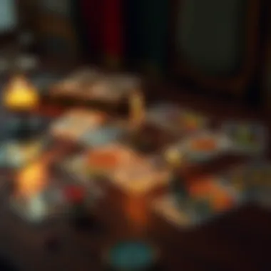 Tarot Cards Spread on a Table An array of tarot cards laid out on a wooden table, showcasing vibrant illustrations and symbols, with a candle illuminating the scene.