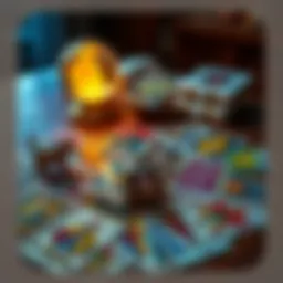 A colorful spread of tarot cards on a wooden table with a crystal ball in the background